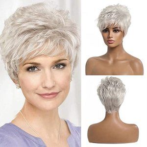 Emmor Pixie Cut/Bob Silver Grey Human Hair Wigs Blend Wig With Bang Color 101
